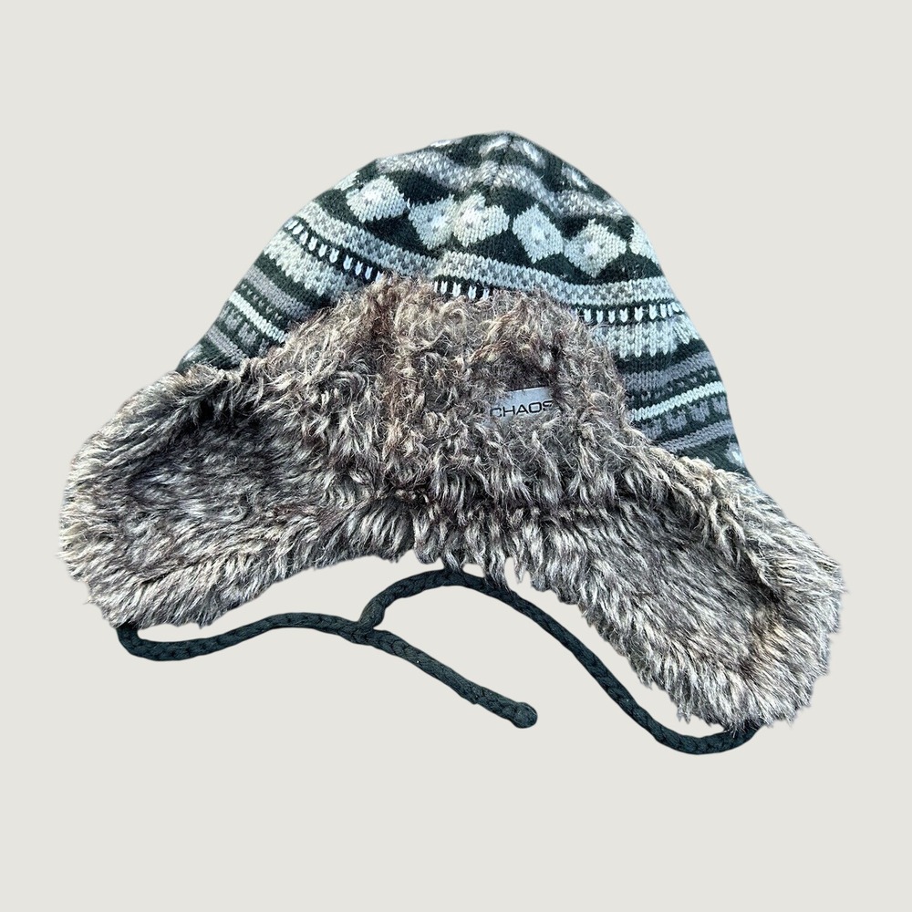 Chaos Nordic Fair Isle Trapper Hat Faux Fur Ear Flaps Grey Black‎ Knit OS Unisex